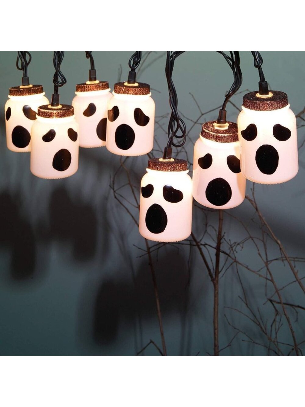 Halloween 8 LED Ghost Mason Jar Lights Indoor Use Decoration Spooky Cute Design
